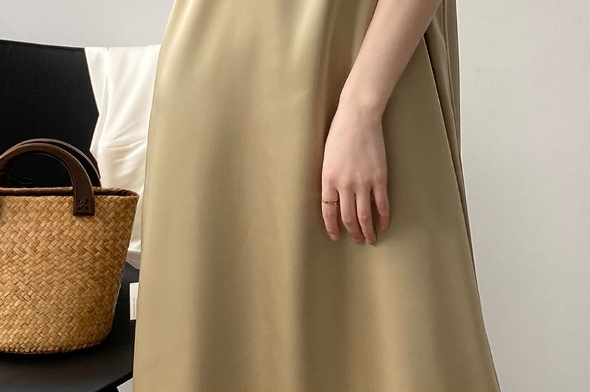 Thin Strap Square Neck Satin Midi Tunic Dress