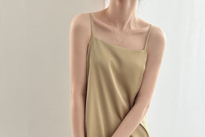 Thin Strap Square Neck Satin Midi Tunic Dress
