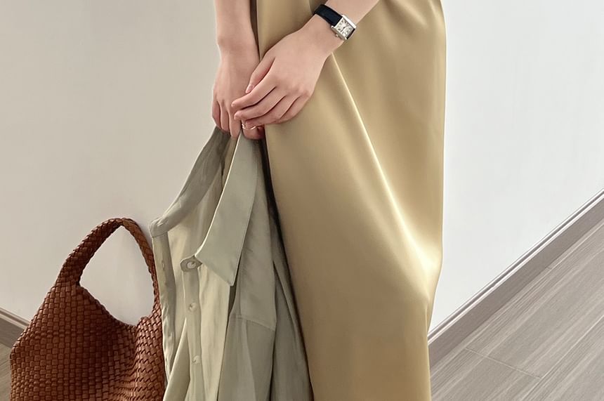 Thin Strap Square Neck Satin Midi Tunic Dress