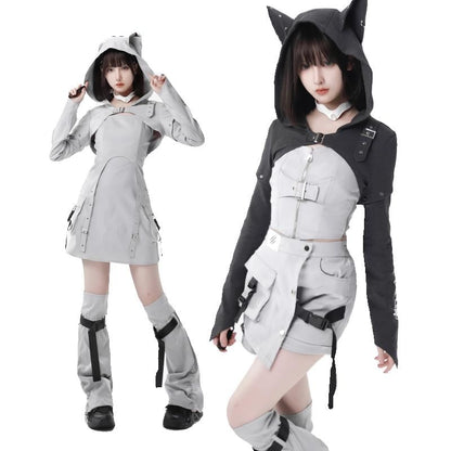 Thin Strap Panel Buckled Mini A-Line Cargo Dress