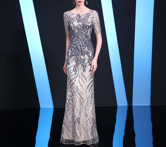 Short-Sleeve Round Neck Patterned Sequin Trumpet Evening Gown
