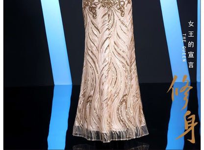 Short-Sleeve Trumpet Gown Patterned Neck Evening Sequin Round