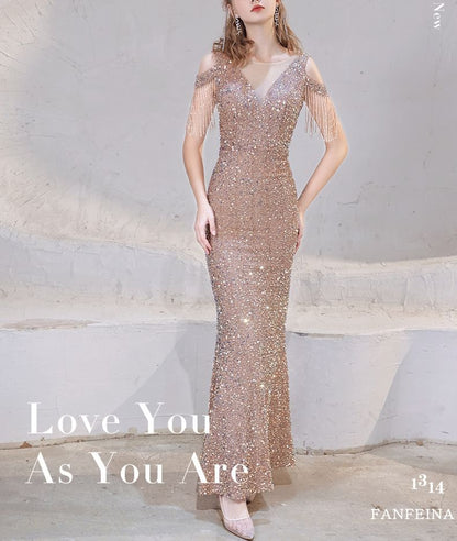 Cap Sleeve Cold Shoulder Sequin Beaded Fringe Trumpet Evening Dress