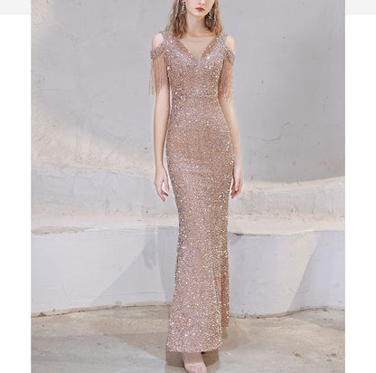 Cap Sleeve Cold Shoulder Sequin Beaded Fringe Trumpet Evening Dress