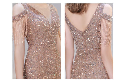 Cap Sleeve Cold Shoulder Sequin Beaded Fringe Trumpet Evening Dress