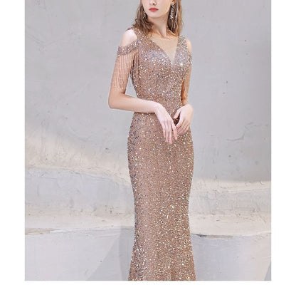Cap Sleeve Cold Shoulder Sequin Beaded Fringe Trumpet Evening Dress