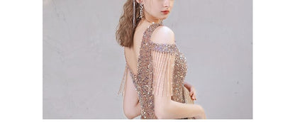 Cap Sleeve Cold Shoulder Sequin Beaded Fringe Trumpet Evening Dress