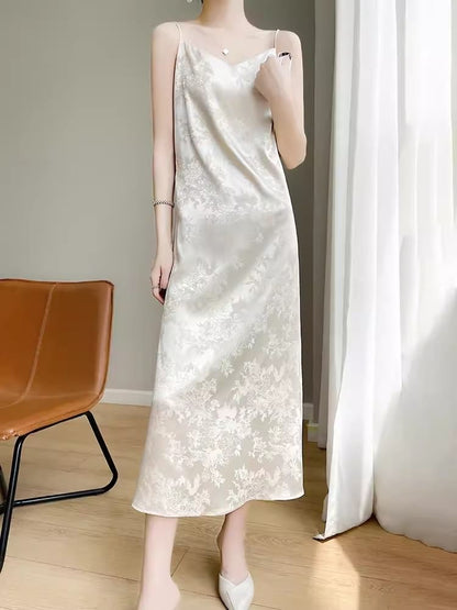 Thin Strap V-Neck Satin Midi A-Line Dress