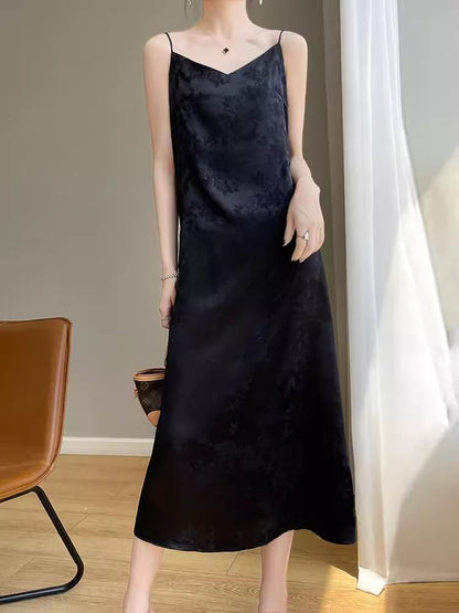 Thin Strap V-Neck Satin Midi A-Line Dress