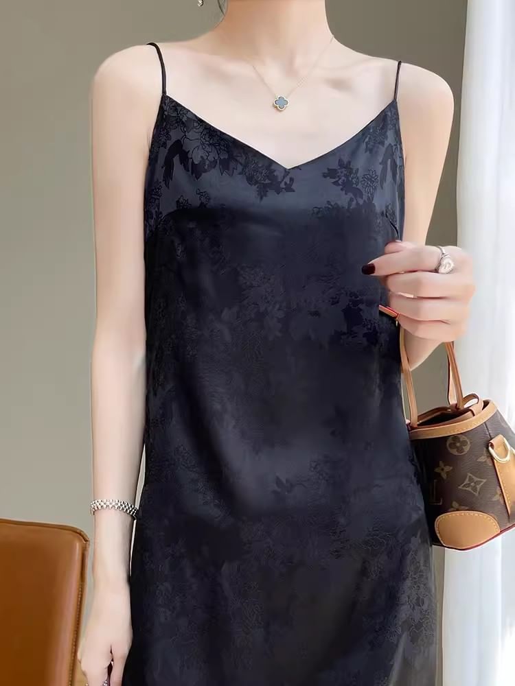 Thin Strap V-Neck Satin Midi A-Line Dress