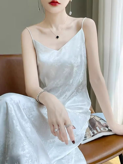 Thin Strap V-Neck Satin Midi A-Line Dress