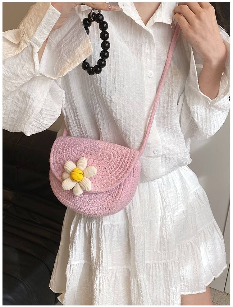 Floral Accent Woven Saddle Crossbody Bag