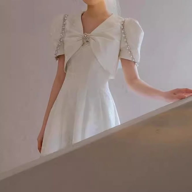 Short-Sleeve V-Neck Plain Faux Pearl Mock Two Piece Midi A-Line Wedding Dress