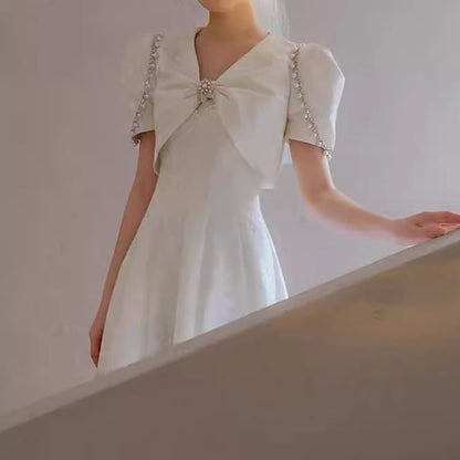 Short-Sleeve V-Neck Plain Faux Pearl Mock Two Piece Midi A-Line Wedding Dress