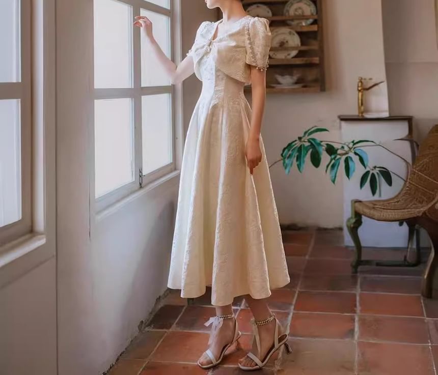 Short-Sleeve V-Neck Plain Faux Pearl Mock Two Piece Midi A-Line Wedding Dress
