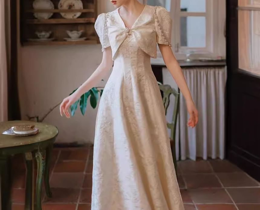Short-Sleeve V-Neck Plain Faux Pearl Mock Two Piece Midi A-Line Wedding Dress