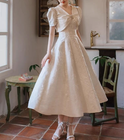 Short-Sleeve V-Neck Plain Faux Pearl Mock Two Piece Midi A-Line Wedding Dress