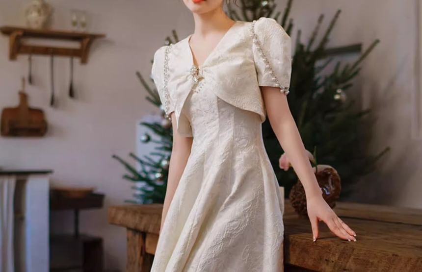 Short-Sleeve V-Neck Plain Faux Pearl Mock Two Piece Midi A-Line Wedding Dress