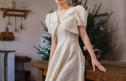 Short-Sleeve V-Neck Plain Faux Pearl Mock Two Piece Midi A-Line Wedding Dress