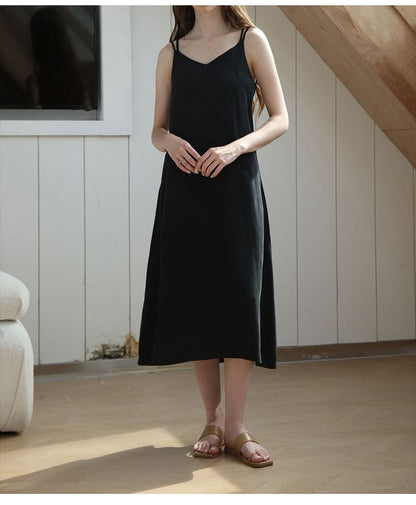 Thin Strap V-Neck Simple Backless Midi Shift Dress