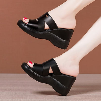 Cutout Platform Wedge Slide Sandals