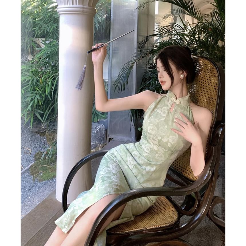 Halter Floral Side-Slit Midi Qipao