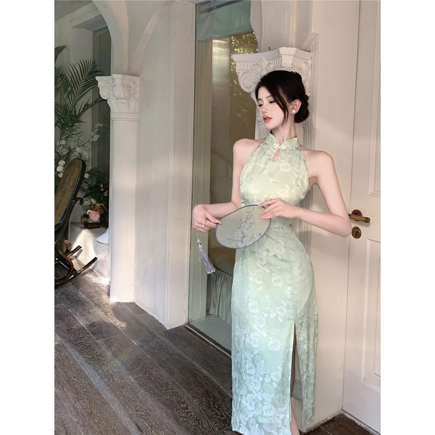 Halter Floral Side-Slit Midi Qipao