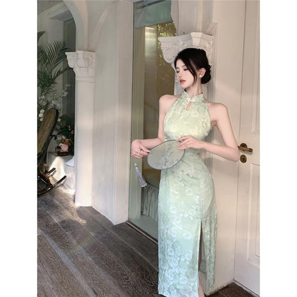 Halter Floral Side-Slit Midi Qipao