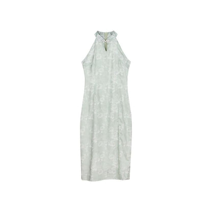 Halter Floral Side-Slit Midi Qipao