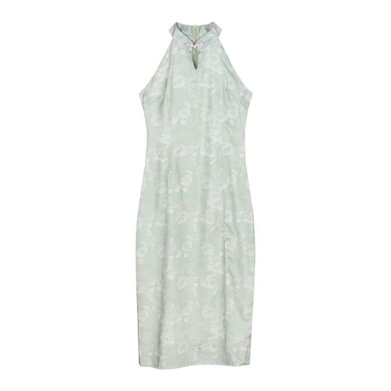Halter Floral Side-Slit Midi Qipao