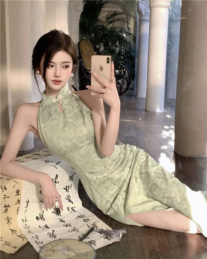 Halter Floral Side-Slit Midi Qipao