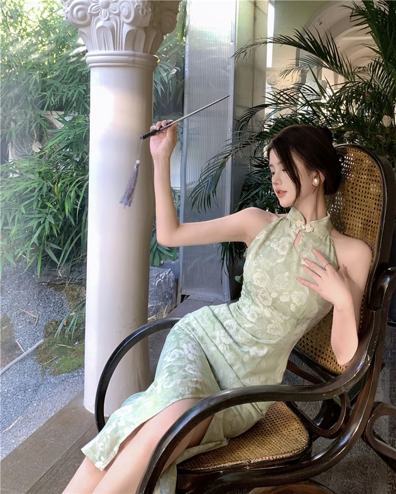 Halter Floral Side-Slit Midi Qipao