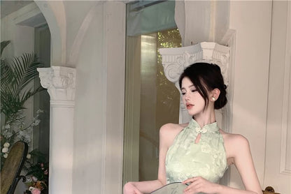 Halter Floral Side-Slit Midi Qipao