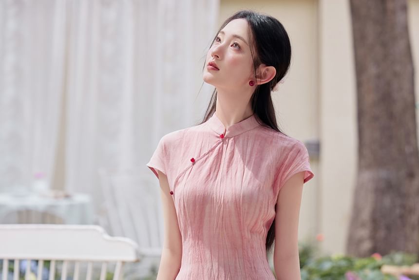 Short-Sleeve Tie Dye Midi Qipao / High Rise Plain Maxi A-Line Skirt / Wide Leg Pants / Set