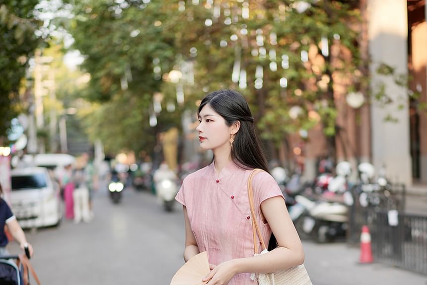 Short-Sleeve Tie Dye Midi Qipao / High Rise Plain Maxi A-Line Skirt / Wide Leg Pants / Set