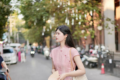 Short-Sleeve Tie Dye Midi Qipao / High Rise Plain Maxi A-Line Skirt / Wide Leg Pants / Set