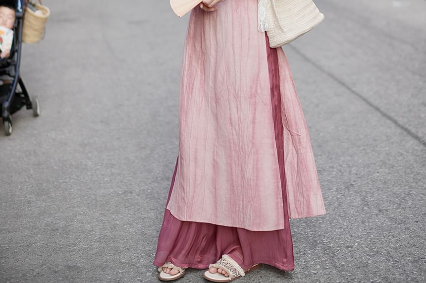 Short-Sleeve Tie Dye Midi Qipao / High Rise Plain Maxi A-Line Skirt / Wide Leg Pants / Set