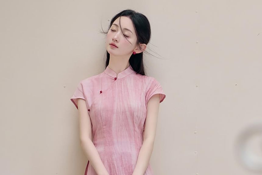 Short-Sleeve Tie Dye Midi Qipao / High Rise Plain Maxi A-Line Skirt / Wide Leg Pants / Set