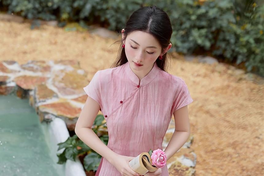 Short-Sleeve Tie Dye Midi Qipao / High Rise Plain Maxi A-Line Skirt / Wide Leg Pants / Set