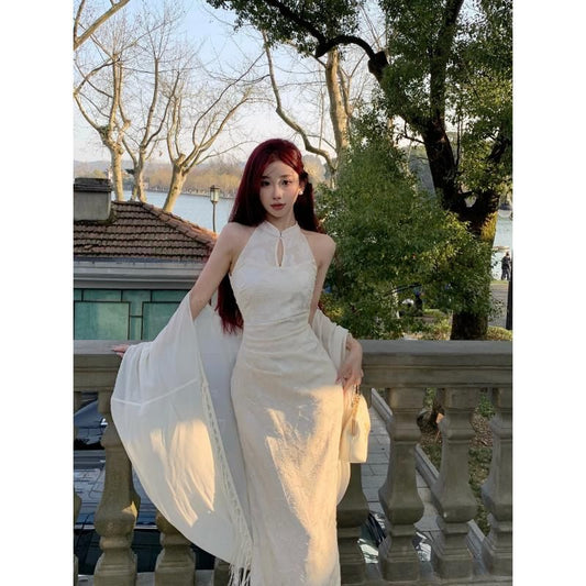 Halter Patterned Maxi Qipao / Plain Fringed Trim Light Jacket
