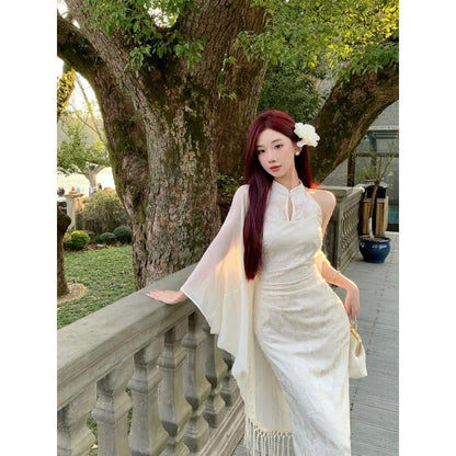 Halter Patterned Maxi Qipao / Plain Fringed Trim Light Jacket