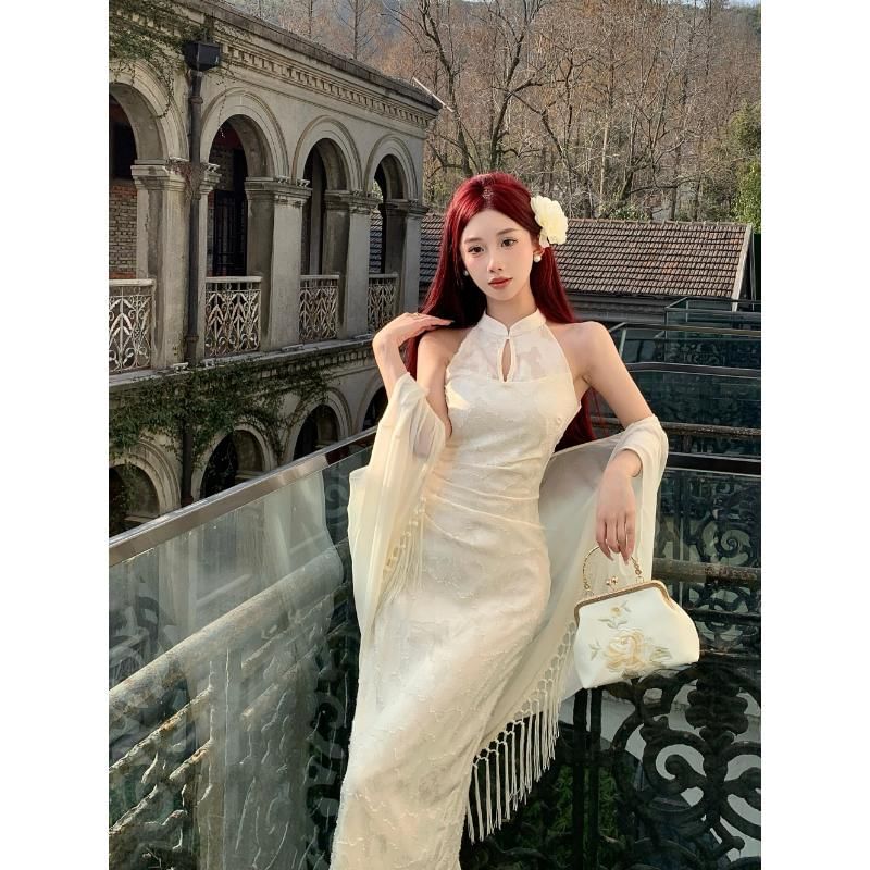 Halter Patterned Maxi Qipao / Plain Fringed Trim Light Jacket
