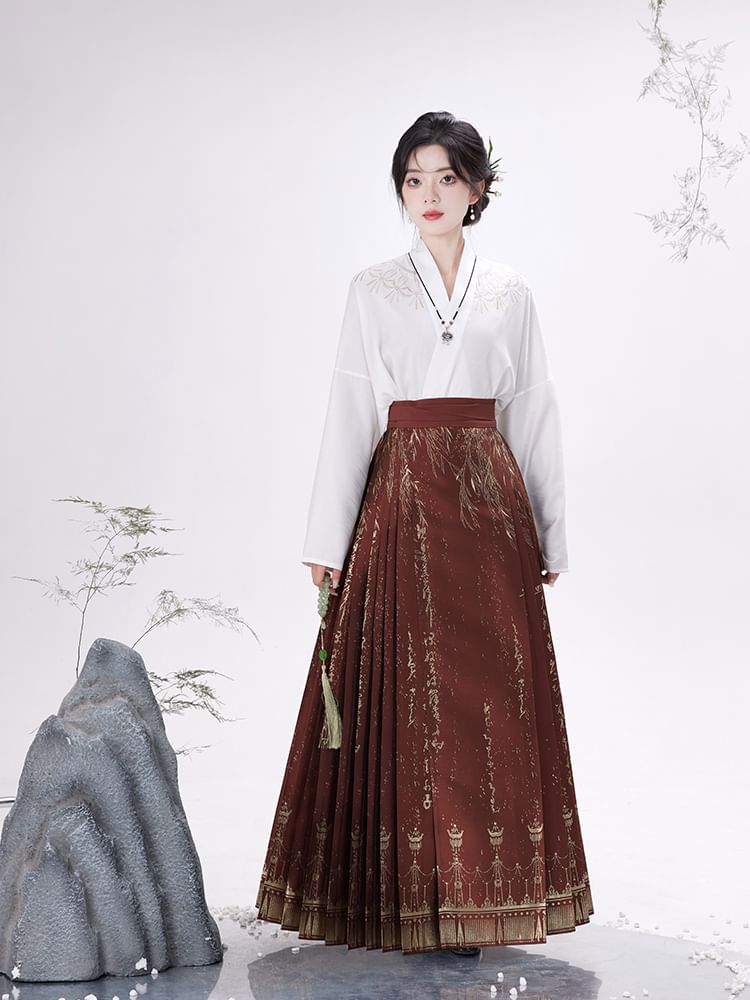 Traditional Chinese Long-Sleeve Top / Pleated Maxi A-Line Skirt