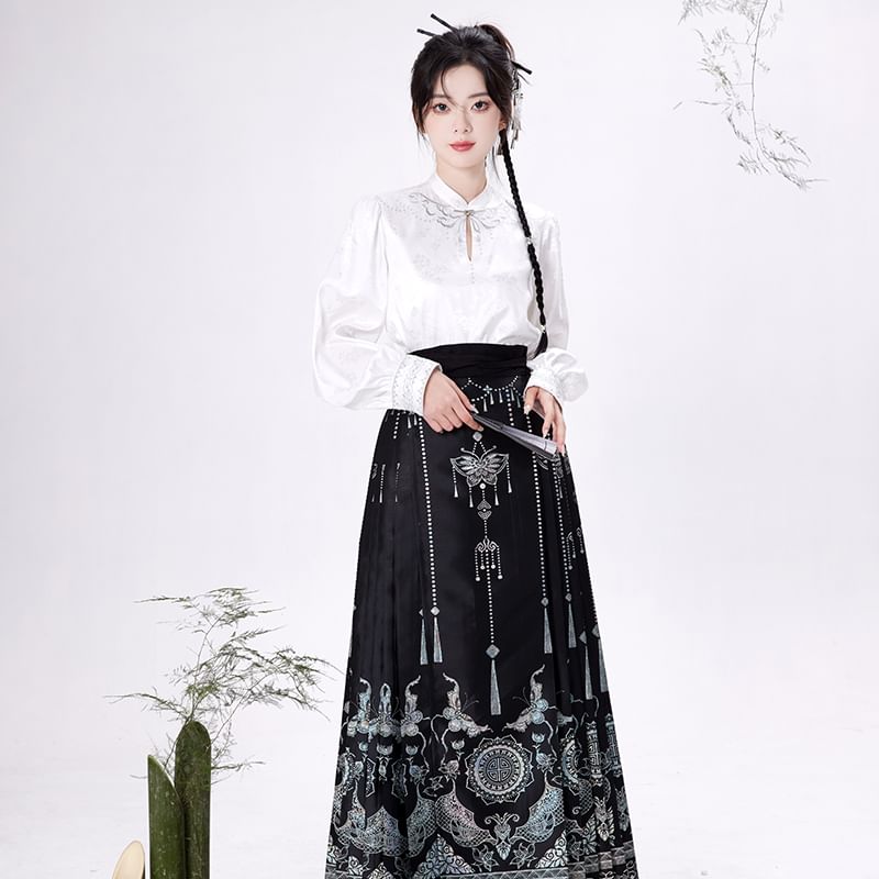 Traditional Chinese Long-Sleeve Top / Print Maxi A-Line Pleated Skirt / Set