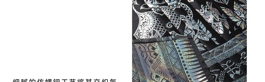 Traditional Chinese Long-Sleeve Top / Print Maxi A-Line Pleated Skirt / Set