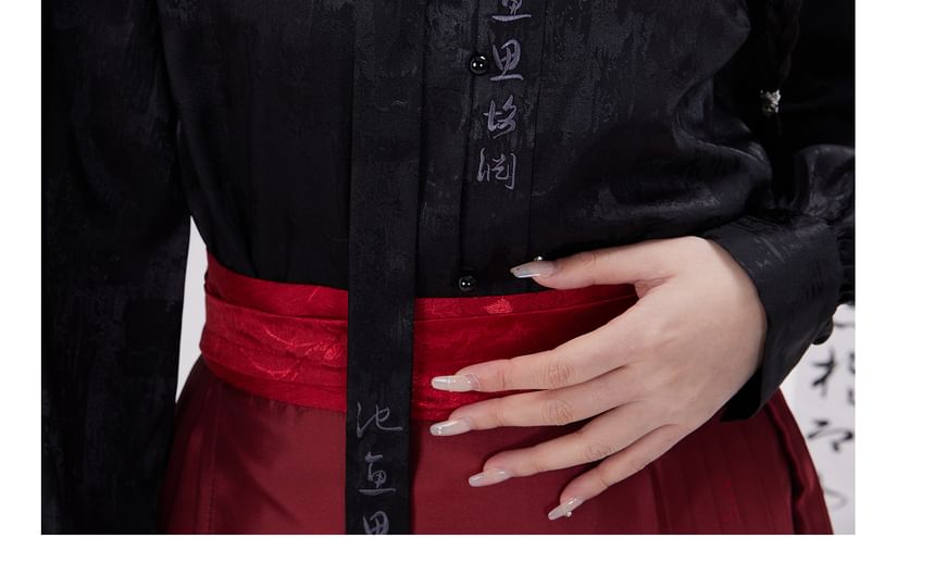 Traditional Chinese Long-Sleeve Top / Chinese Character Maxi Pleated A-Line Skirt / Hair Tie / Set