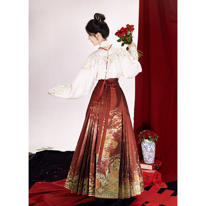 Traditional Chinese Long-Sleeve Top / Print Maxi A-Line Pleated Skirt / Necklace / Set