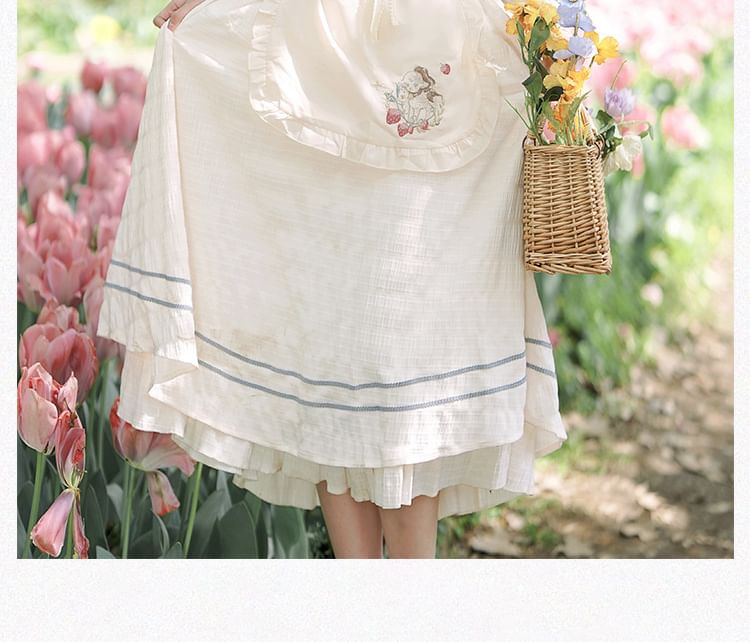 Mock Two-Piece Puff-Sleeve Square-Neck Ruffled Floral Embroidered Midi A-Line Dress / Embroidered Apron / Scarf / Set