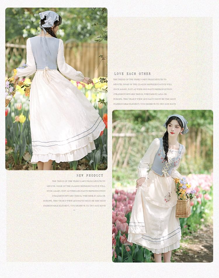 Mock Two-Piece Puff-Sleeve Square-Neck Ruffled Floral Embroidered Midi A-Line Dress / Embroidered Apron / Scarf / Set