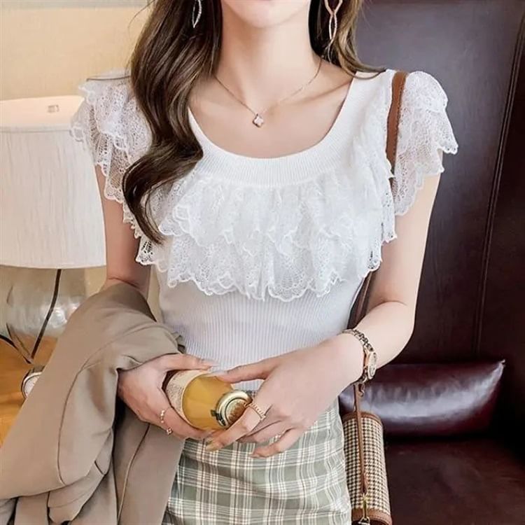 Lace Top Knit Off-Shoulder